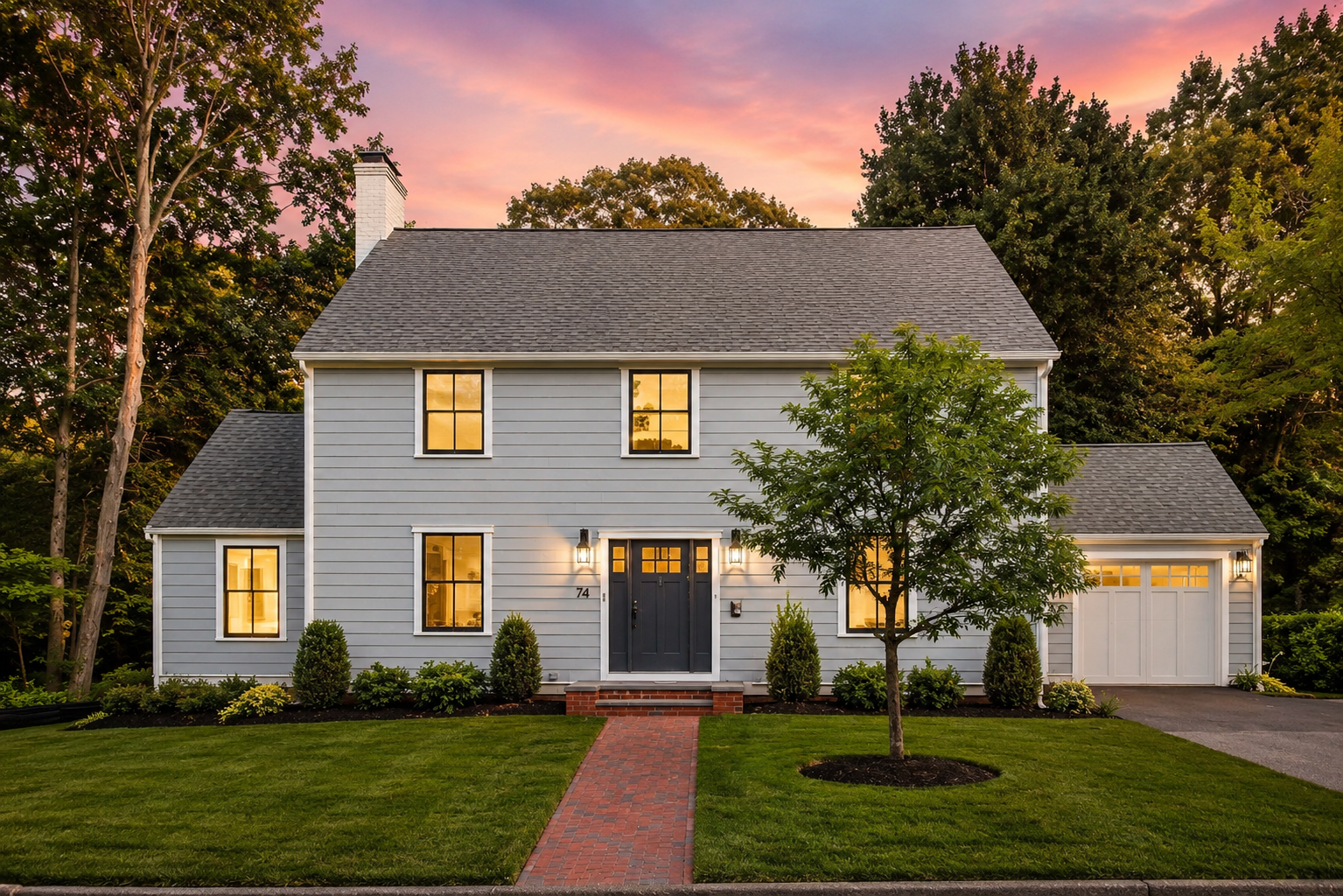 Recently renovated property exterior at dusk